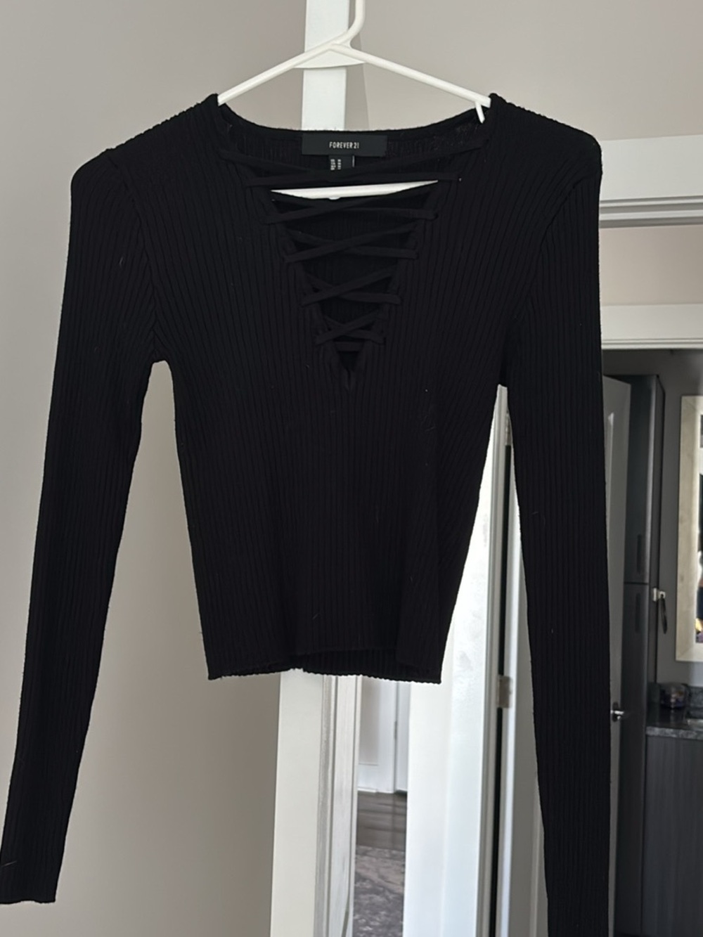 Forever 21 Black Ribbed Lace-Up V-Neck Long Sleeve Top